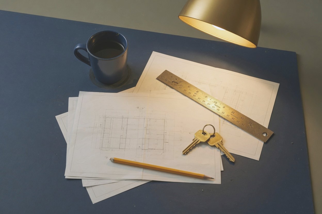 Estimating desk with drawings, scale, and gold keys