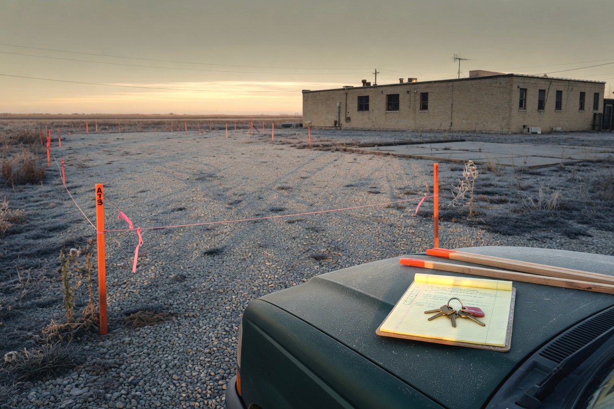 Site survey at dawn: stakes, clipboard, and keys on a truck hood